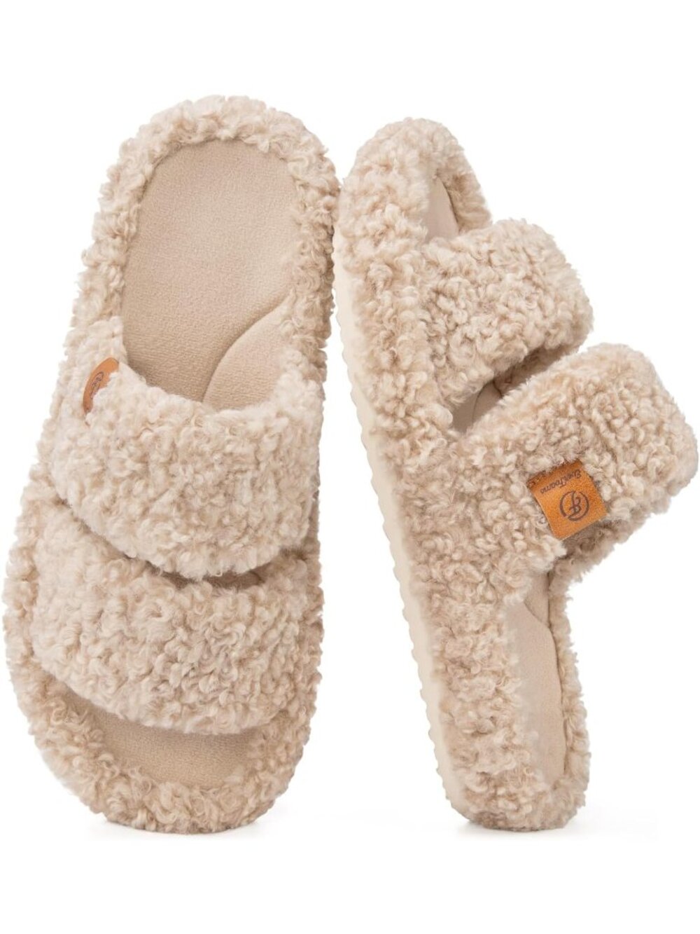 Womens Vintage Khaki Polyester Fuzzy Open-toe Memory Foam Indoor House Slippers